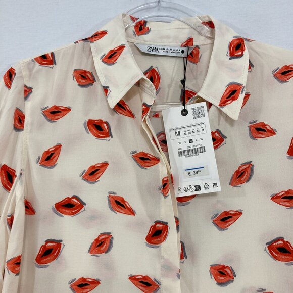 New Zara Medium Red Cream Lips Print Novelty Long Sleeve Button Down - Picture 1 of 11